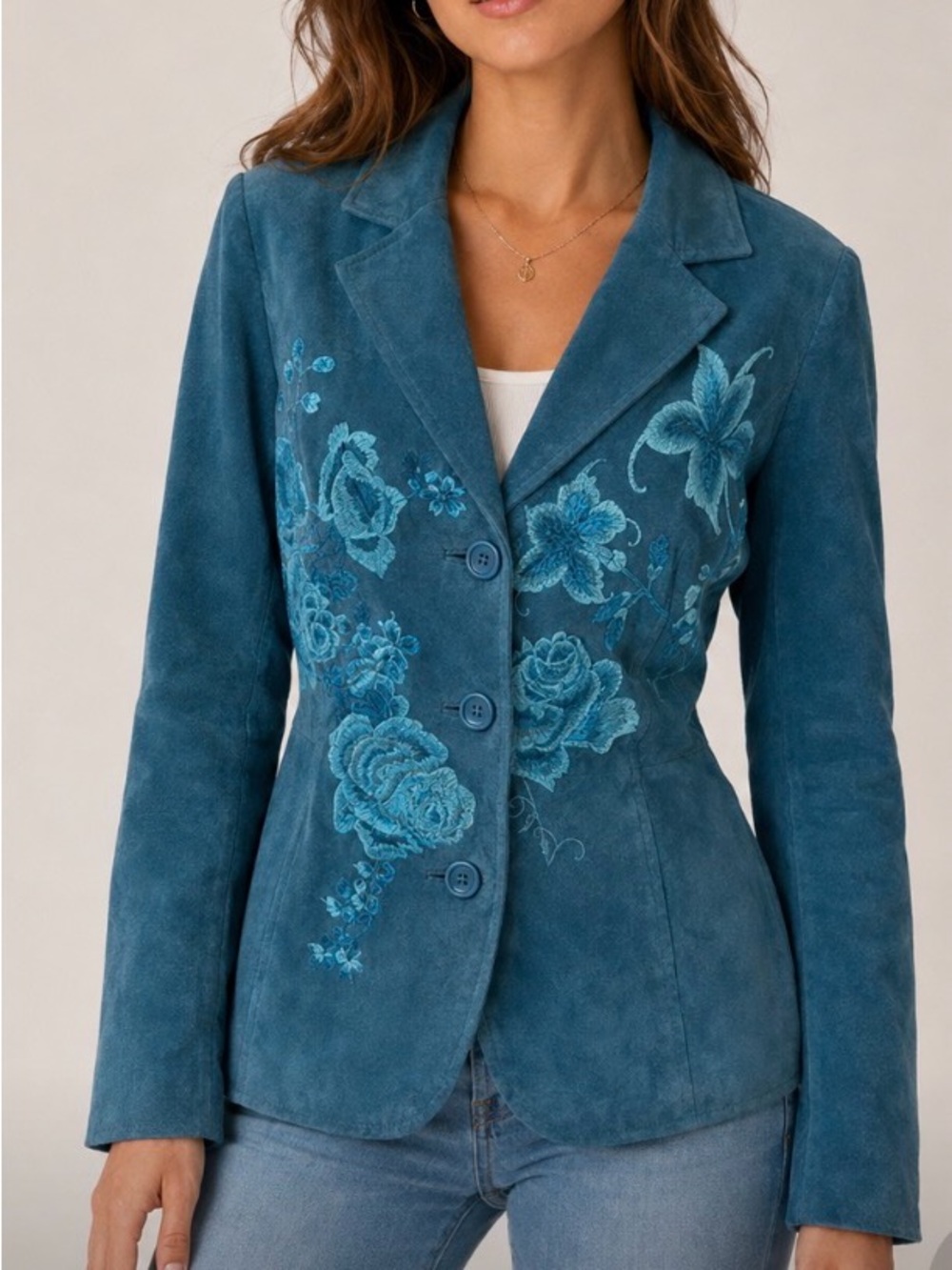 Le Château Genuine Suede Floral Embroidered Blazer Teal Blue M Y2K